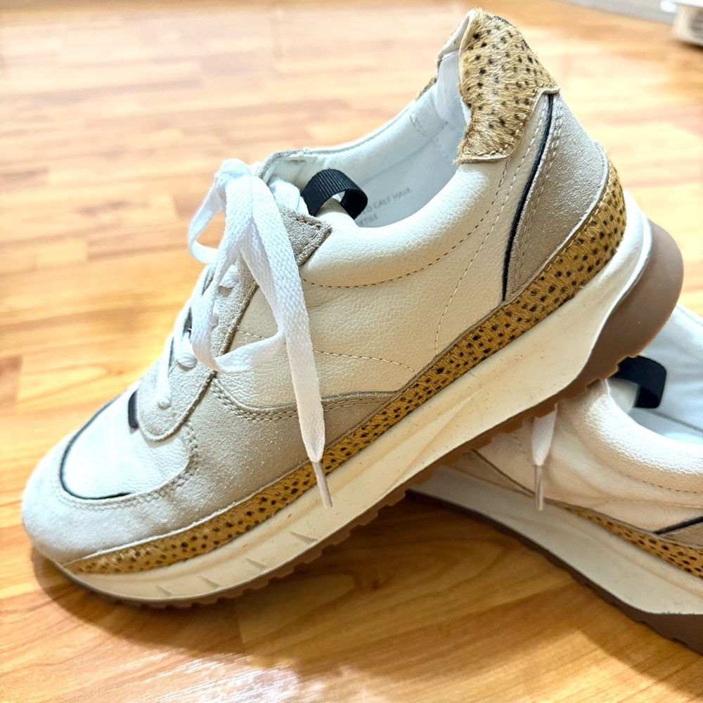 MWL Madewell Kickoff Trainer Leather Suede Cream & Tan Sneakers Clean Sanitized